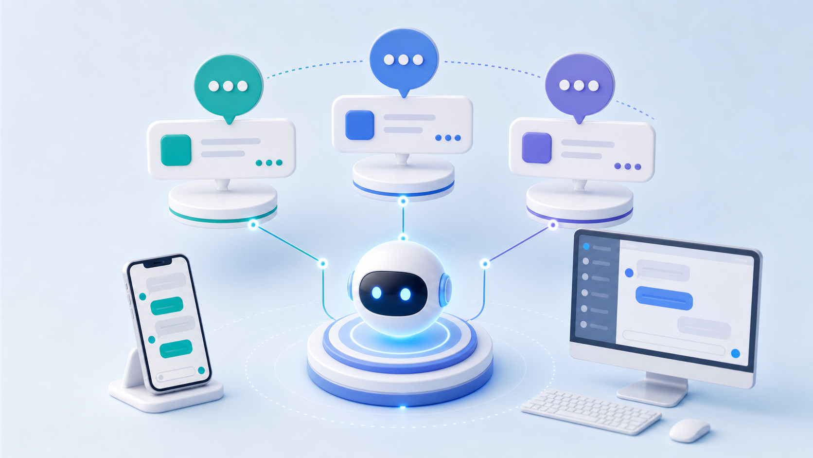 AI 助理連接手機、桌機和三個通用訊息頻道的示意圖
