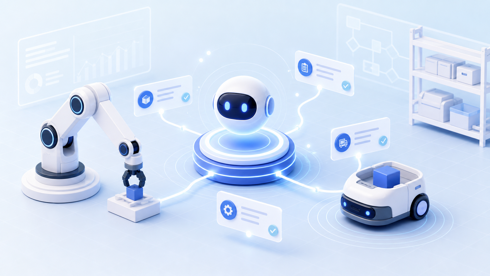 AI Agent 連接機械手臂與移動裝置，將數位任務帶到實體工作場景的示意圖